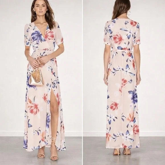 Yumi Kim Wrap Maxi Dress Women S Pink Floral Short Sleeve Wedding Guest Romantic - Picture 12 of 12